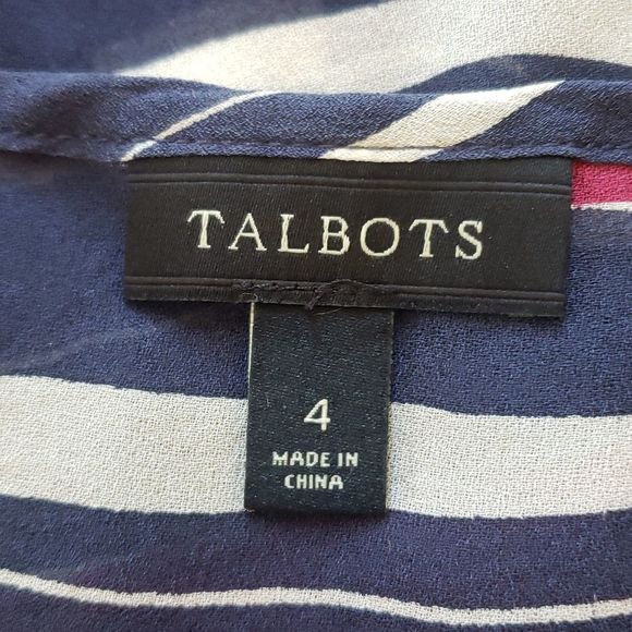 TALBOTS Silk Blouse Navy Blue Burgundy Painterly Stripe Pleats - Picture 10 of 10